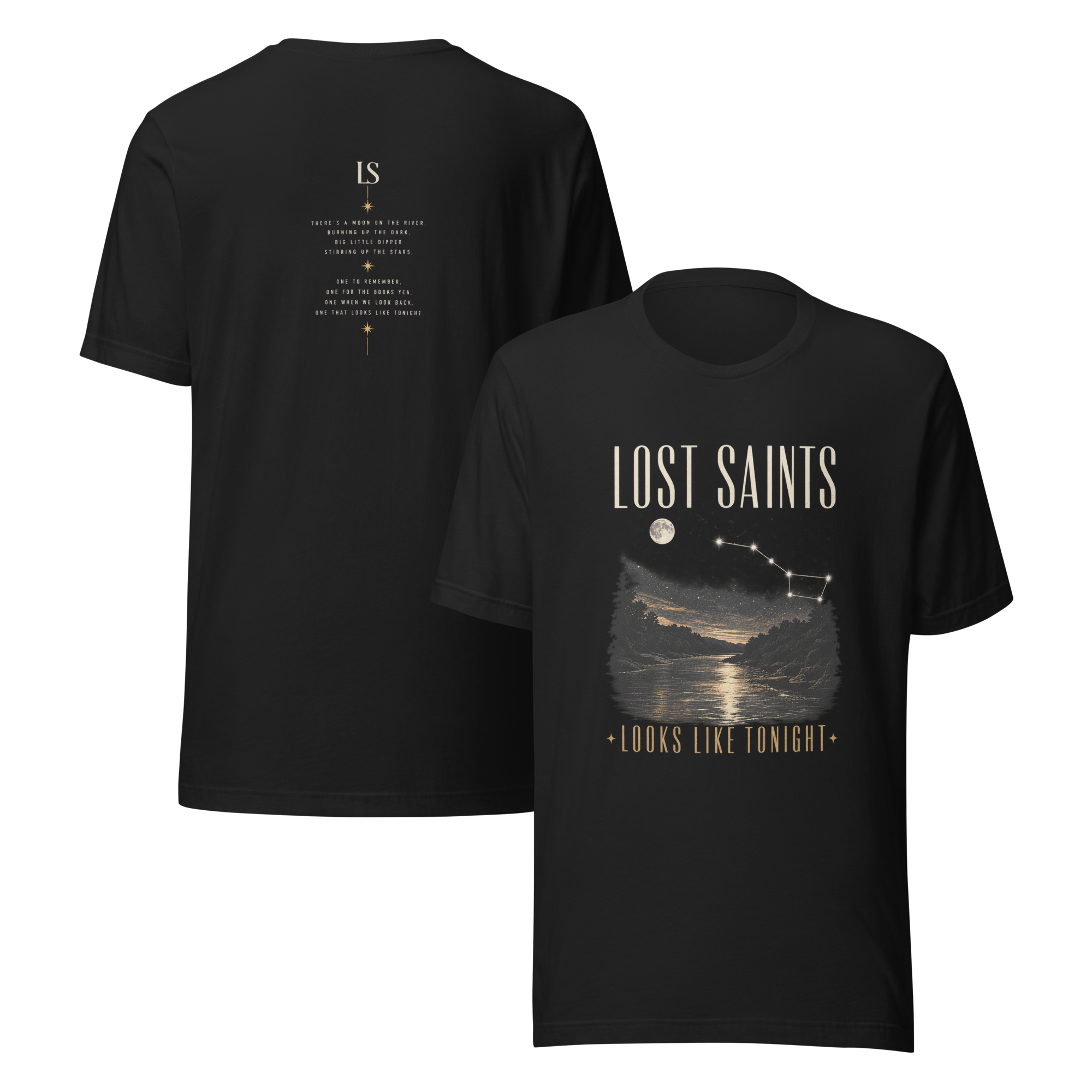 September Drop — black Looks Like Tonight tee with a moonlit river graphic on the front and lyric print on the back, front and back views